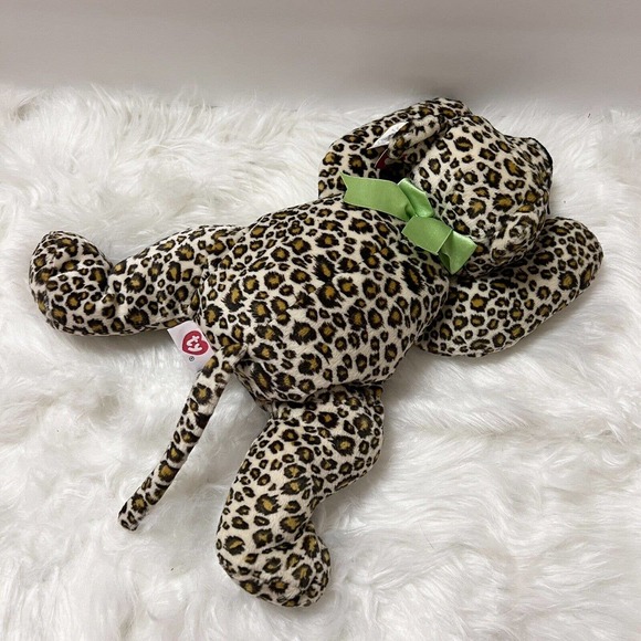 TY Pillow Pal SPECKLES Leopard Plush Green Bow1996 Cheetah Stuffed Animal 13" - Picture 8 of 9